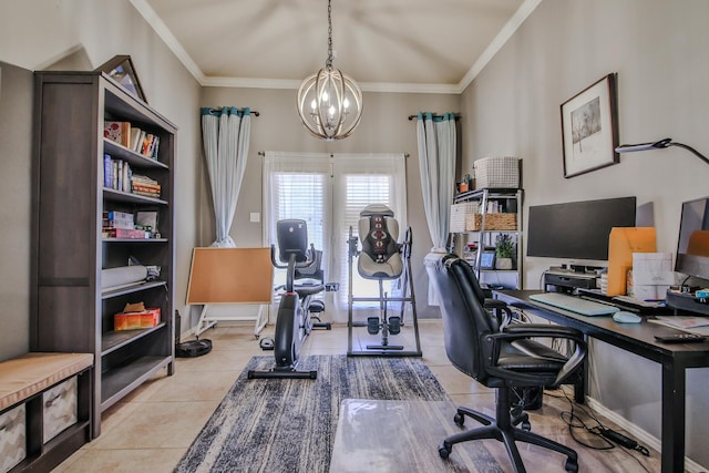 office area with a notable chandelier, crown molding, baseboards, and light tile patterned floors