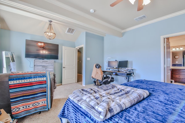 carpeted bedroom with ornamental molding, ensuite bath, visible vents, and a ceiling fan