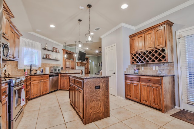 kitchen featuring stainless steel appliances, light tile patterned flooring, a kitchen island, and open shelves