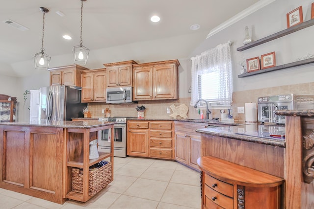 kitchen featuring light tile patterned floors, stainless steel appliances, decorative backsplash, open shelves, and dark stone countertops