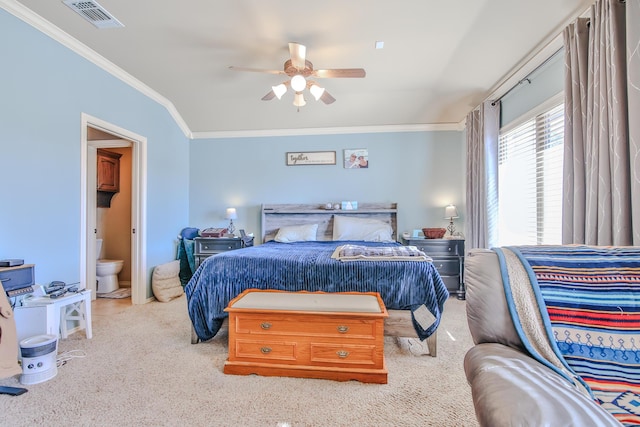 bedroom with ceiling fan, visible vents, carpet flooring, and ornamental molding