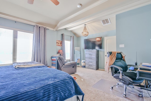 bedroom featuring carpet floors, lofted ceiling, visible vents, a ceiling fan, and baseboards