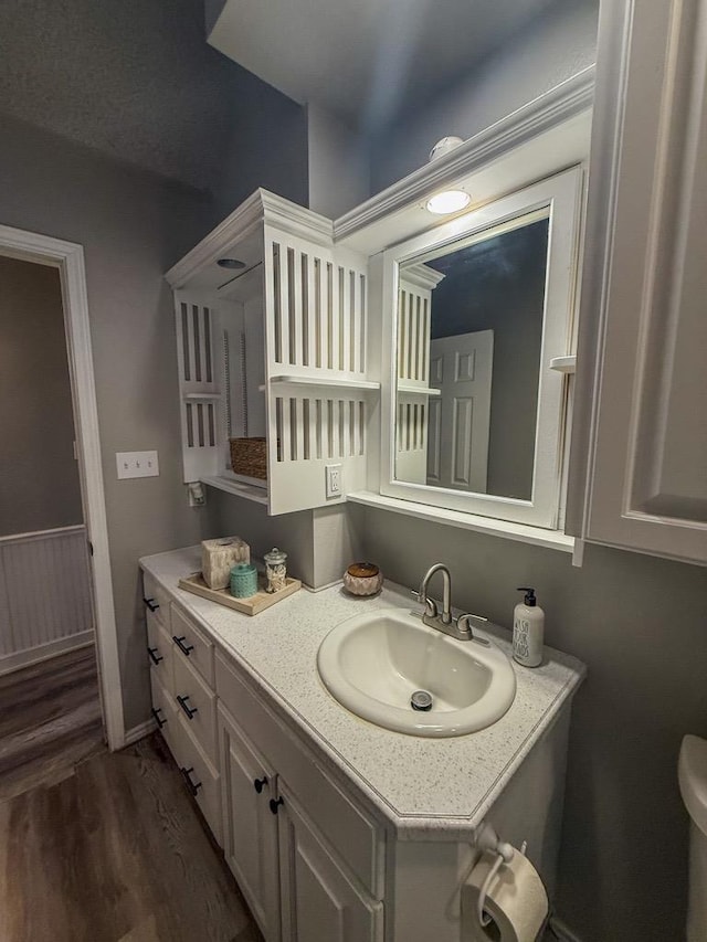 bathroom with vanity and hardwood / wood-style floors