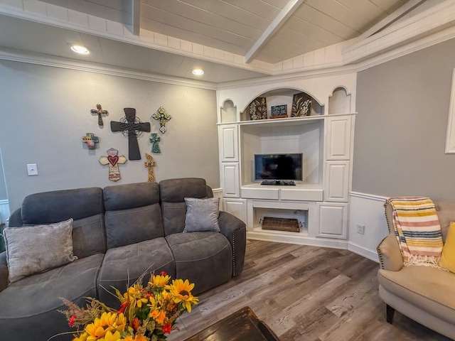 living room featuring wood ceiling, crown molding, wood-type flooring, and beamed ceiling