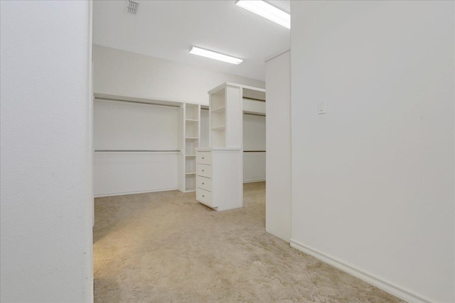 walk in closet with light carpet