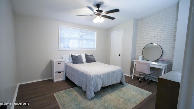 2007 68th St, Lubbock, TX 79412 - bedroom featuring vaulted ceiling, dark wood finished floors, a desk, baseboards, and a ceiling fan