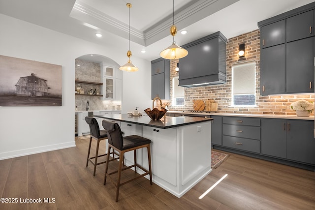 4606 138th Pl, Lubbock, TX 79424 - kitchen with range hood, gray cabinets, tasteful backsplash, dark wood-type flooring, and a raised ceiling