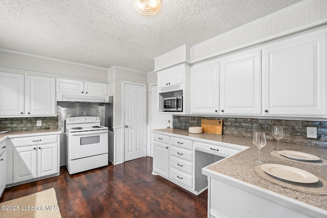 3415 39th St, Lubbock, TX 79413 - kitchen featuring white electric range oven, stainless steel microwave, backsplash, a textured ceiling, and dark wood-style floors