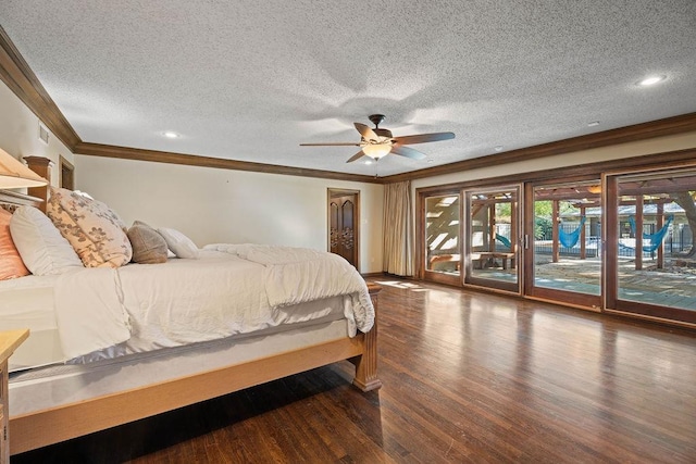 bedroom with dark wood-type flooring, access to outside, ornamental molding, and a textured ceiling