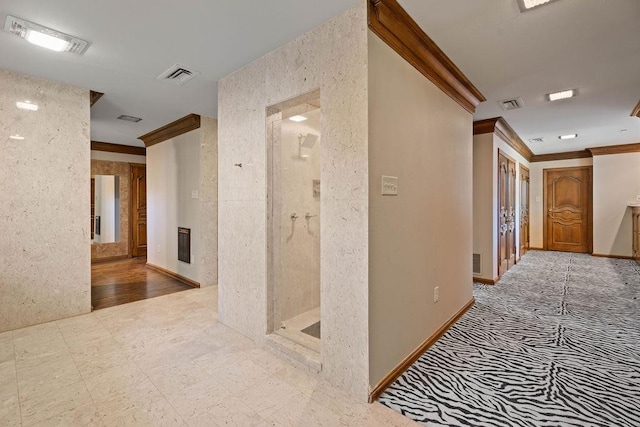 corridor featuring ornamental molding