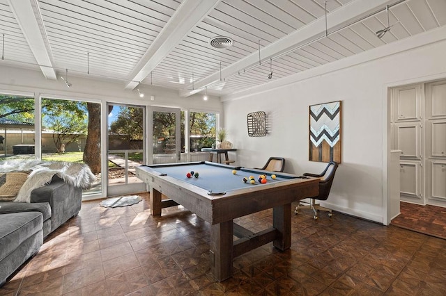 recreation room featuring pool table and beam ceiling