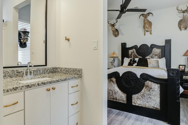 4309 136th St, Lubbock, TX 79423 - bathroom featuring ceiling fan, wood finished floors, and vanity