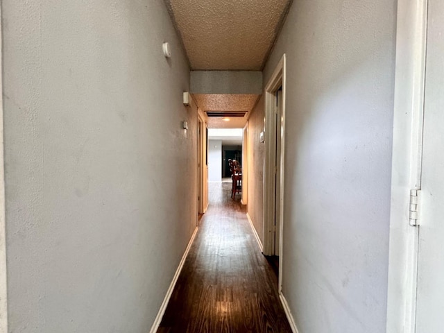 corridor with wood-type flooring and a textured ceiling