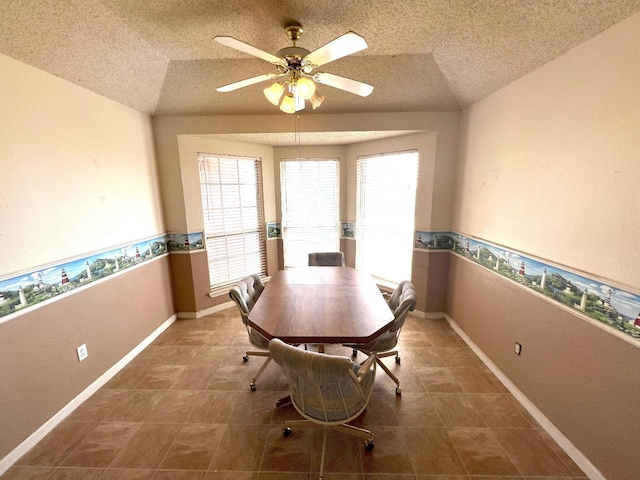 unfurnished dining area with ceiling fan and a textured ceiling