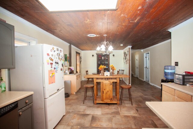 kitchen with gray cabinetry, wood ceiling, ornamental molding, white fridge, and pendant lighting