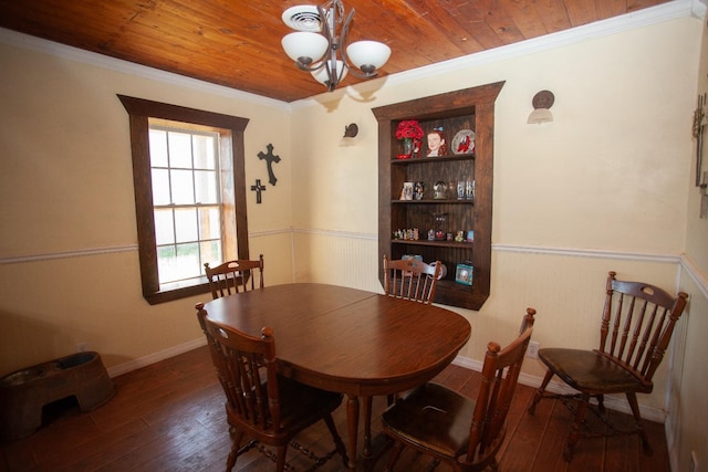 dining space with crown molding, wooden ceiling, and dark hardwood / wood-style floors