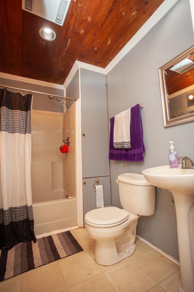 full bathroom with tile patterned floors, toilet, shower / bath combo with shower curtain, and wooden ceiling