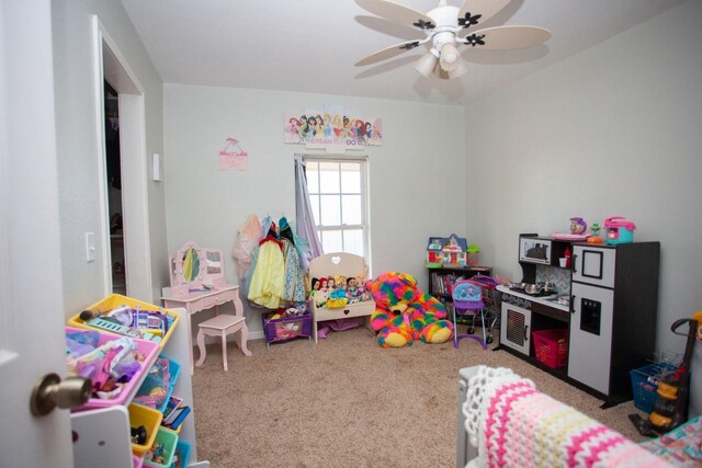 game room featuring ceiling fan and carpet flooring