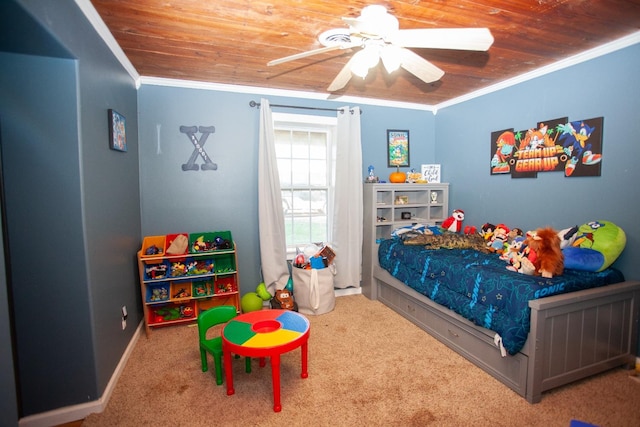 bedroom with ornamental molding, carpet flooring, and wooden ceiling