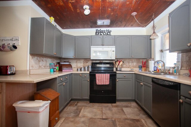 kitchen with black electric range oven, gray cabinetry, wooden ceiling, decorative light fixtures, and stainless steel dishwasher