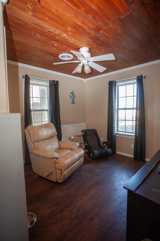 sitting room featuring wood ceiling, crown molding, dark wood-type flooring, and ceiling fan