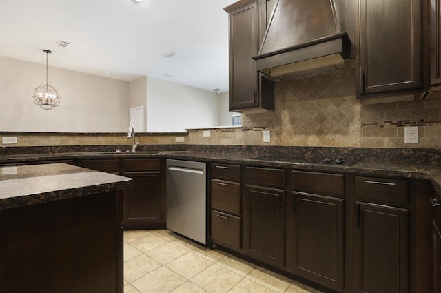 kitchen featuring custom exhaust hood, visible vents, stainless steel dishwasher, dark brown cabinetry, and black electric cooktop