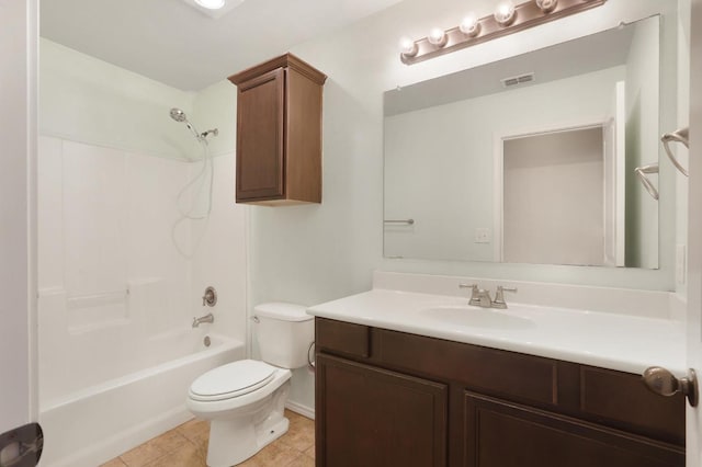 full bathroom featuring shower / bathtub combination, tile patterned flooring, toilet, visible vents, and vanity