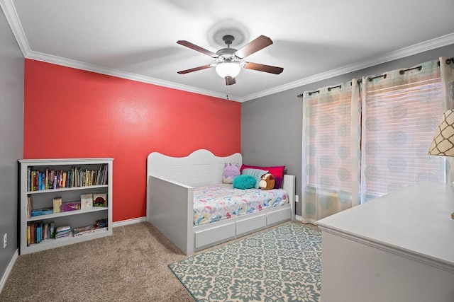 bedroom with crown molding, ceiling fan, and light carpet