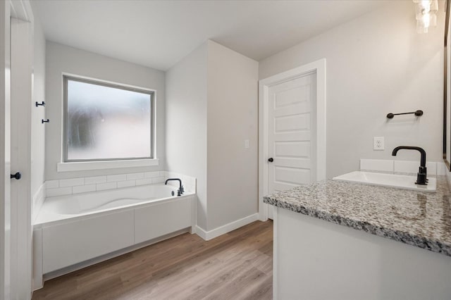 bathroom with hardwood / wood-style flooring, vanity, and a washtub