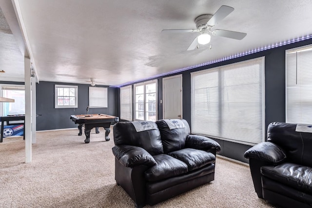 playroom featuring pool table, ceiling fan, and carpet