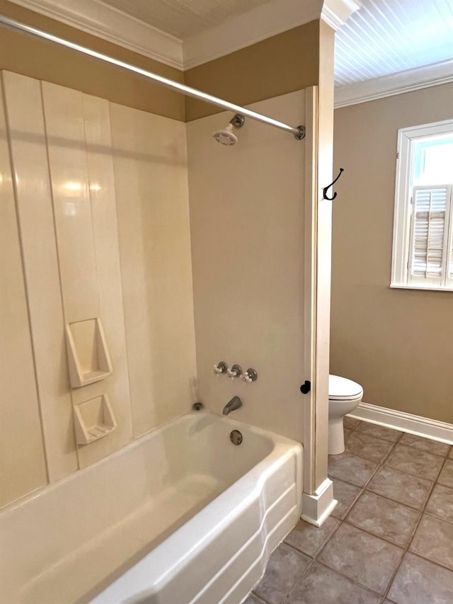 bathroom featuring crown molding, tile patterned floors, shower / bathtub combination, and toilet