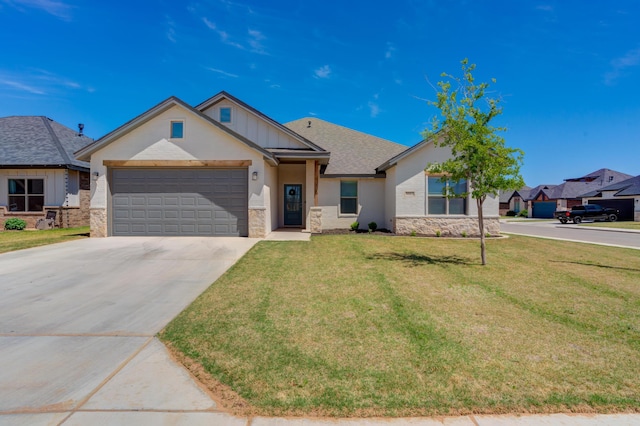 ranch-style house with stone siding, driveway, a front lawn, and a garage