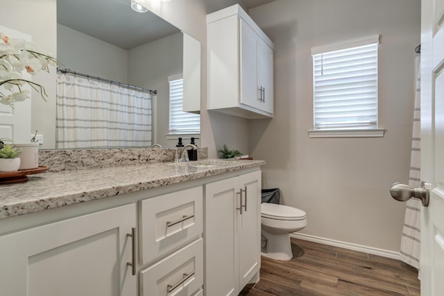 full bath with wood finished floors, toilet, plenty of natural light, and vanity