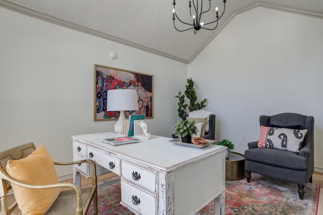 office space with crown molding, lofted ceiling, and a notable chandelier