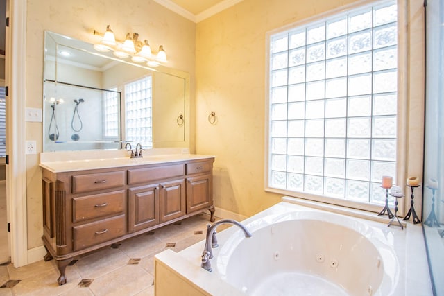 bathroom with a tub with jets, a wealth of natural light, ornamental molding, and a shower