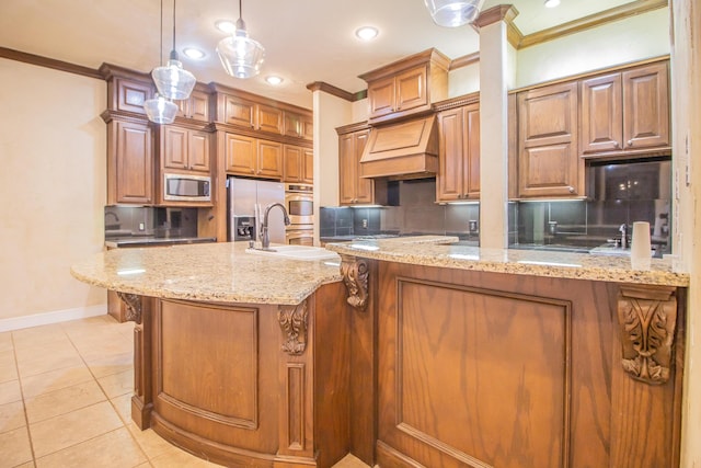 kitchen featuring appliances with stainless steel finishes, tasteful backsplash, ornamental molding, and a sink