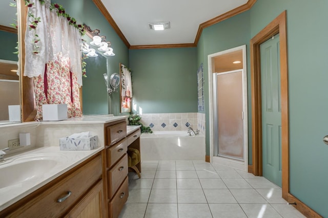 bathroom with crown molding, vanity, shower with separate bathtub, and tile patterned flooring