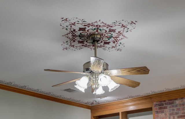 room details with ceiling fan and ornamental molding