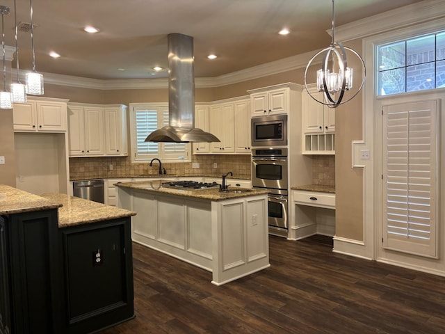 kitchen featuring white cabinetry, light stone countertops, island exhaust hood, and a center island with sink