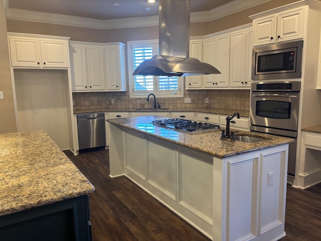 kitchen with white cabinetry, a center island with sink, island exhaust hood, and appliances with stainless steel finishes