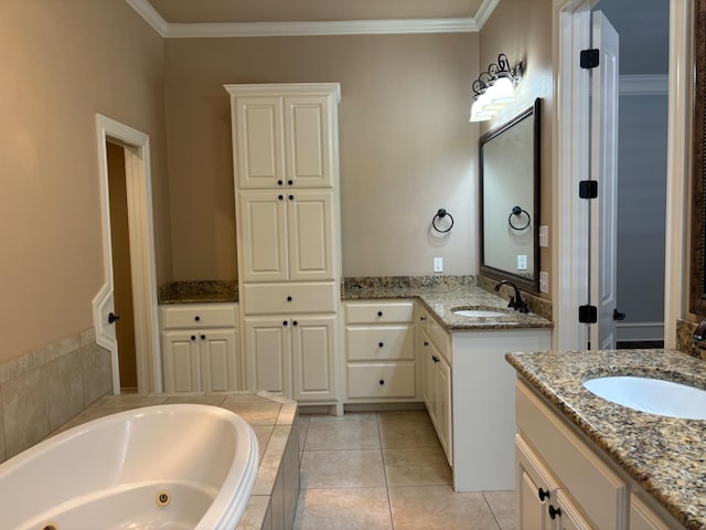 bathroom featuring vanity, tile patterned flooring, ornamental molding, and tiled bath