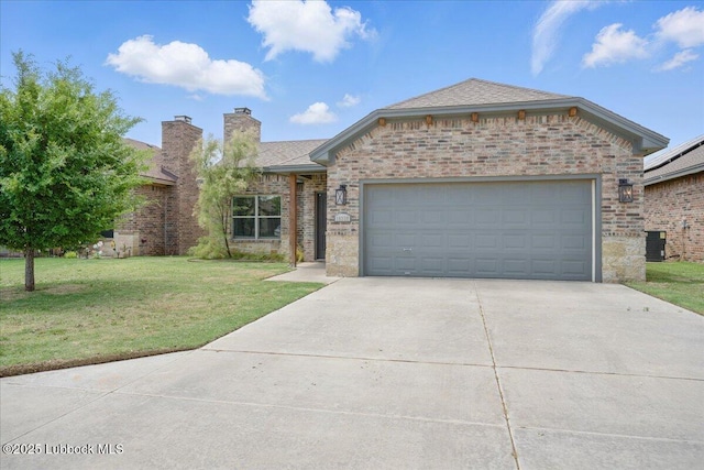 10330 Ave X Ave, Lubbock, TX 79423 - ranch-style house with concrete driveway, a front yard, an attached garage, a chimney, and brick siding