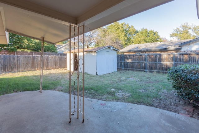 view of yard featuring a patio and a storage shed