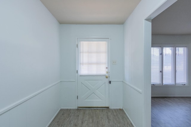 entryway with a healthy amount of sunlight and light hardwood / wood-style flooring