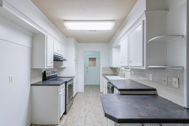 kitchen with sink, tasteful backsplash, electric range, dishwasher, and white cabinets