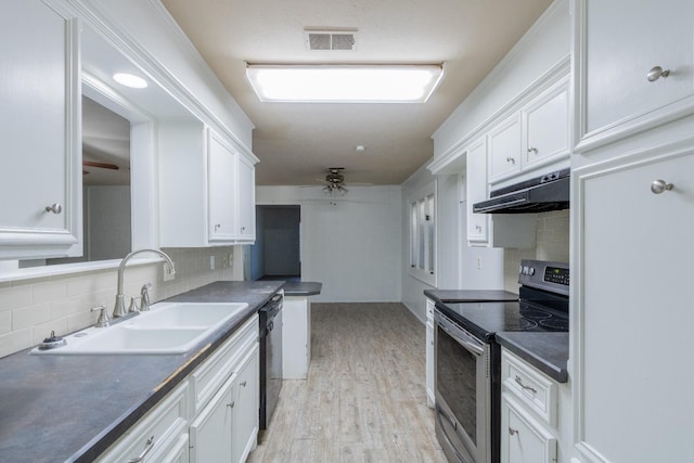 kitchen with white cabinetry, stainless steel electric range oven, sink, and backsplash