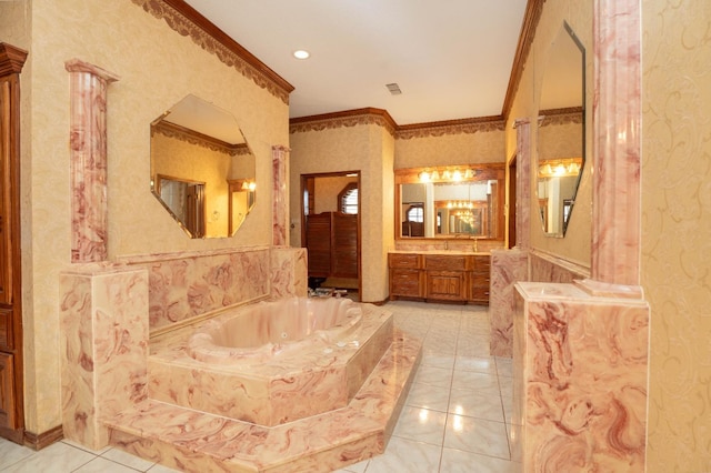 bathroom featuring tile patterned flooring, crown molding, a relaxing tiled tub, and vanity