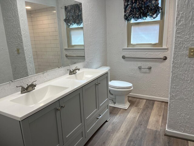 bathroom with vanity, hardwood / wood-style floors, plenty of natural light, and toilet