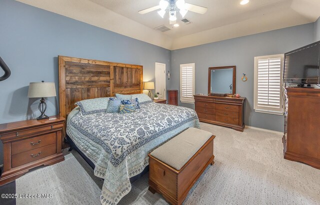 5004 County Rd 1430, Lubbock, TX 79407 - bedroom featuring light carpet, baseboards, a ceiling fan, and lofted ceiling