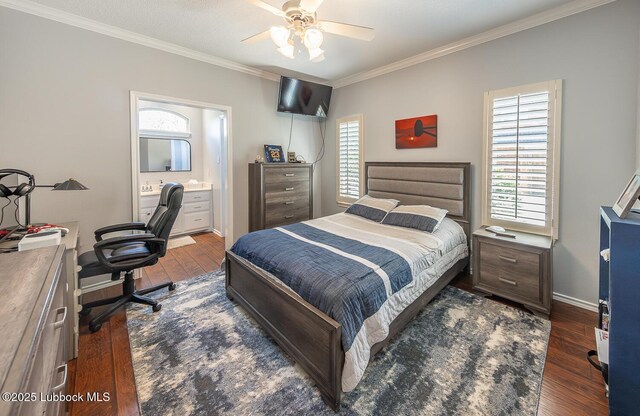 5004 County Rd 1430, Lubbock, TX 79407 - bedroom with ornamental molding, wood-type flooring, multiple windows, an office area, and baseboards